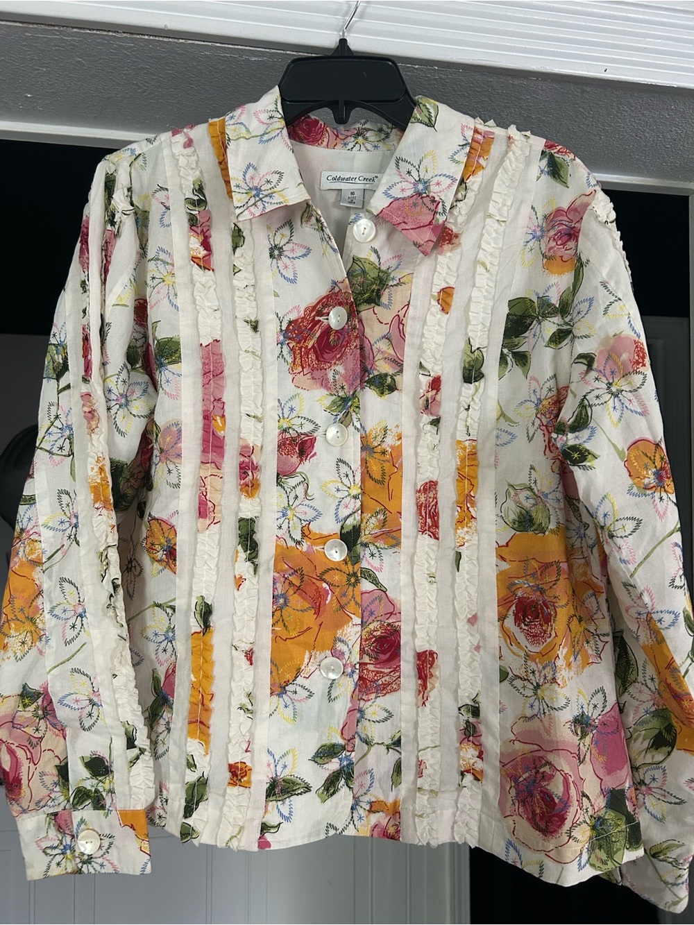 Coldwater Creek White Floral Ruffle Button-Down Shirt with Pink & Yellow Roses